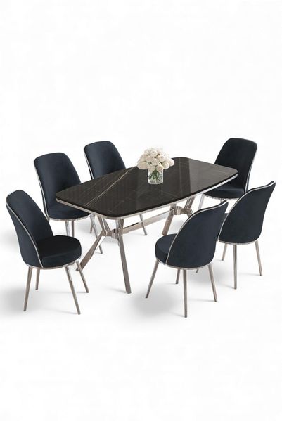 Modernes 7-teiliges Esszimmer-Set mit Tisch und Stühlen, Schwarzer Marmor & Chrom, 160x90 cm | 100% lackierte Platte, Metallbeine, stilvolles Design