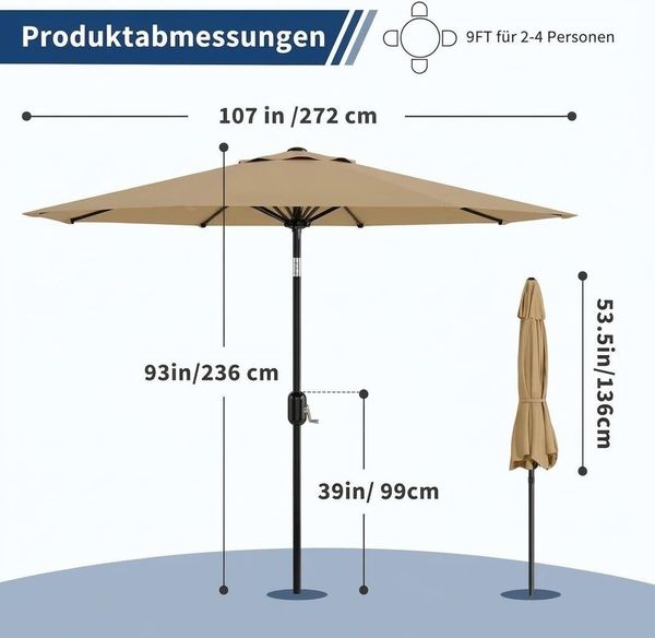 GarveeMore Sonnenschirm 270 cm mit Kurbelbedienung & Neigefunktion,UV50+ wasserabweisend, robuster Gartenschirm mit 8 Rippen für Garten,Terrasse,Balkon & Pool
