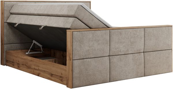 Doppelbett, Boxspringbett mit zwei Multipocket-Matratzen und ein Topper, Bettkästen, Eiche Wotan Holzrahmen, genähtes Kopfteil und Front - ALBERO 2 KING DUO - 180 x 200 cm - Beige Stoff - H4 Bild 5