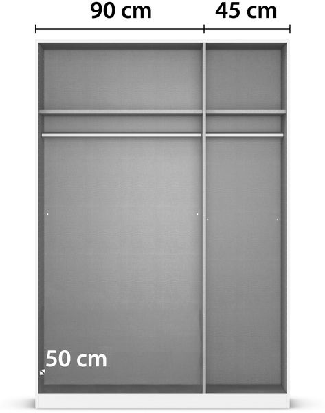 rauch Kleiderschrank Alba, Drehtürenschrank, Garderobenschrank, 3-türig, mit Spiegel, mit 2 Kleiderstangen und 2 Einlegeböden, Farbe Weiß, Griffstange Grau metallic, Schwarz, 136x197x56cm Bild 5