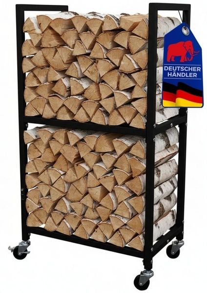 PROREGAL® Kaminholzregal PHOENIX mit Rollen & 2 Ebenen 82x44x28cm Metall Schwarz Holzständer, Holzständer Holzhalter Kaminholzständer Brennholzregal