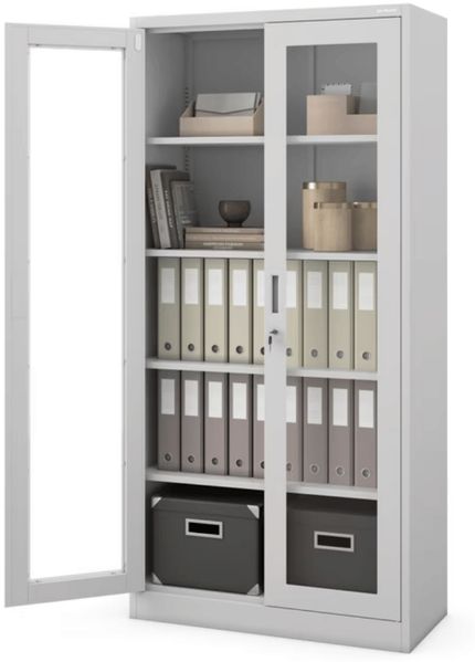 Vitrinenschrank abschließbar AMELIA - Glastüren, 5 Ebenen | Büroschrank aus Stahl Aktenschrank mit Glasfenster Metallschrank Mehrzweckschrank, 185x90x40cm Grau