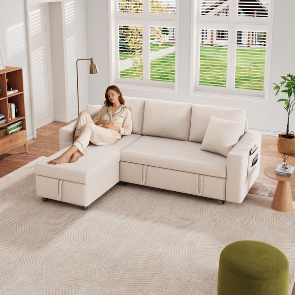 Schlafsofa aus Leinenstoff mit Stauraum & wechselbarer Chaiselongue, 219,5 x 142,5 x 83 cm, beige