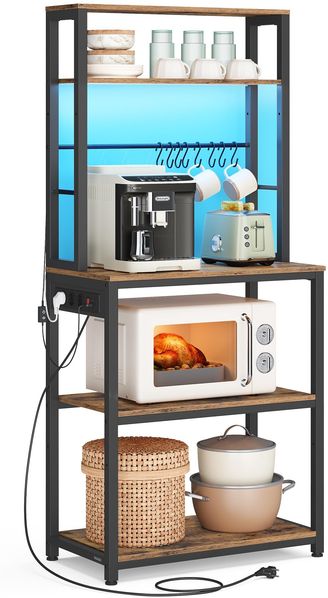 VASAGLE Küchenregal mit LED-Beleuchtung, Standregal mit Steckdosen, Mikrowellen-Regal mit verstellbaren Ablagen, 8 Haken, 40 x 60 x 168,4 cm, vintagebraun-Mattschwarz KKS049KD01