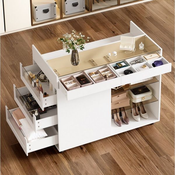 Merax Sideboard Schminktisch mit Glasplatte auf Rollen mit 5 Schubladen (1 St, Sideboard mit Stauraum), Multifunktional Kommode, Fächereinteilung, 110 x 60 x 79 cm