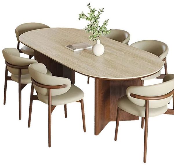 Vintagehaus Essgruppe Travertin Tisch Tivoli + Esszimmerstühle Linea