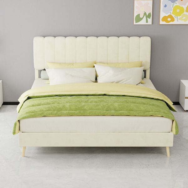 Polsterbett 160x200 cm in Beige, modernes Design aus Samtstoff und Metall, ohne Matratze