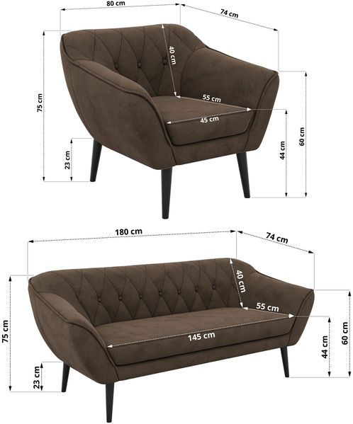 Wohnzimmerset, Möbelset PIRS 3-3-1, Armlehnen, Wellenfederung, schwarze Füße, Dreisitzer Sofas mit Sessel, Polstermöbel Set - Braun Velvet Bild 5