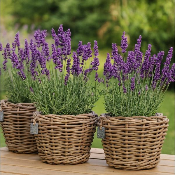 Van der Leeden Blumentopf Pflanzkorb Pflanzentreppe Rattan Korb Pflanzkübel (3 St), 3 Stk, Inkl. Inneneimer, Rattan, Handmade, ohne Wasserablauf
