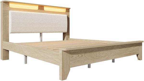 Polsterbett mit LED-Kopfteil, Stauraumablage & Matratze, 140x200 cm, Beige/Eichefarben Bild 8