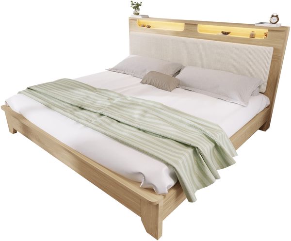 Polsterbett mit LED-Kopfteil, Stauraumablage & Matratze, 140x200 cm, Beige/Eichefarben Bild 7