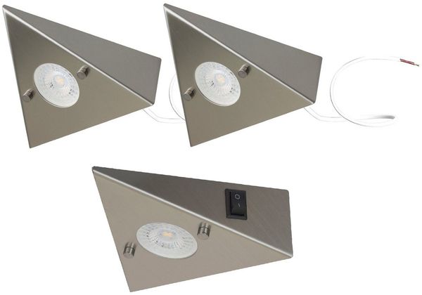 TRANGO LED Unterbauleuchte, 3er Set 6739-32 LED-Küchenunterbauleuchte *COOK* LED Einbauleuchte - Einbaustrahler aus Edelstahl inkl. 3x 4,8 Watt LED Modul 3000K warmweiß - direkt 230 Volt - beliebig erweiterbar, Schalter - Dreieckleuchte – Schrankleuchte