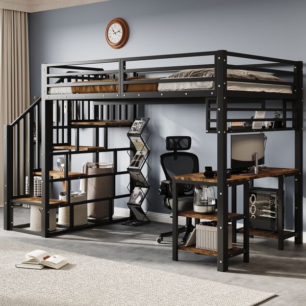 Hochbett, Eisenbett mit Treppe & Handlauf, Schreibtisch & Regal, stabilen Lattenrosten, Eisen + Spanplatte, Schwarz + Dunkel, 120 × 200 cm