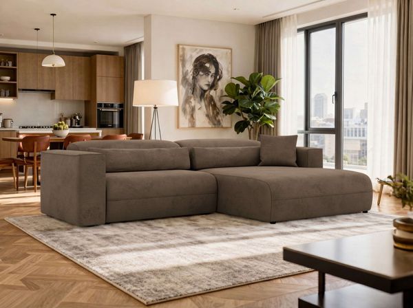 Ecksofa PAZURRO L mit Armlehnen, freistehendes L-förmiges Ecksofa mit lose Kissen, Wellenfeder, Modern Design - Braun Velvet - Rechts