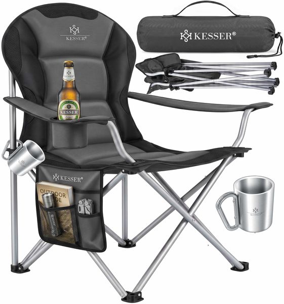 KESSER® Campingstuhl faltbar bis 150 kg Angelstuhl Faltstuhl Klappstuhl Gepolstert mit Armlehnen, Getränkehalter + Tasche mit hoher Rückenlehne, Strandstuhl, Klapphocker Khaki / Schwarz