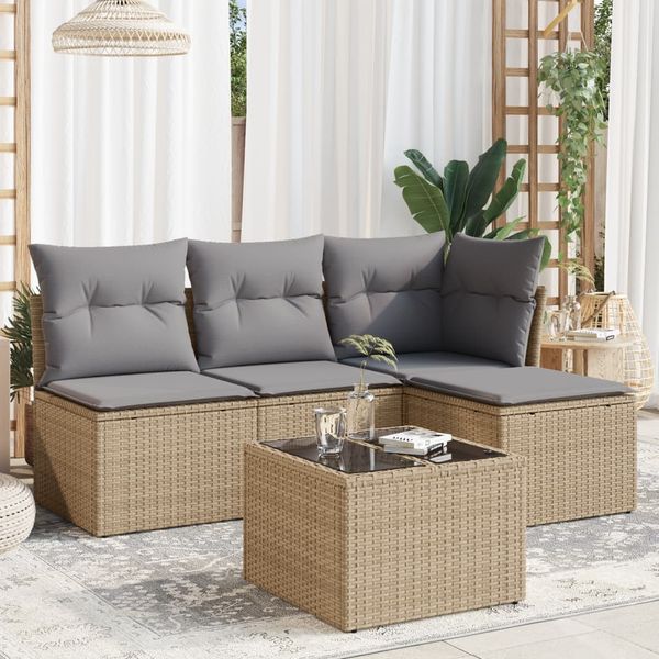 vidaXL 5-tlg. Garten-Sofagarnitur mit Kissen Beige Poly Rattan 3249348