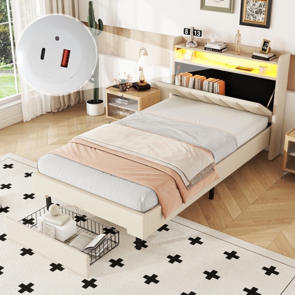 Merax 90*200cm Einzelbett, Kinderbett, Polsterbett, LED-Wärmelampe, USB-Steckdose, aufklappbares Kopfteil, eingebautes Staufach, beige