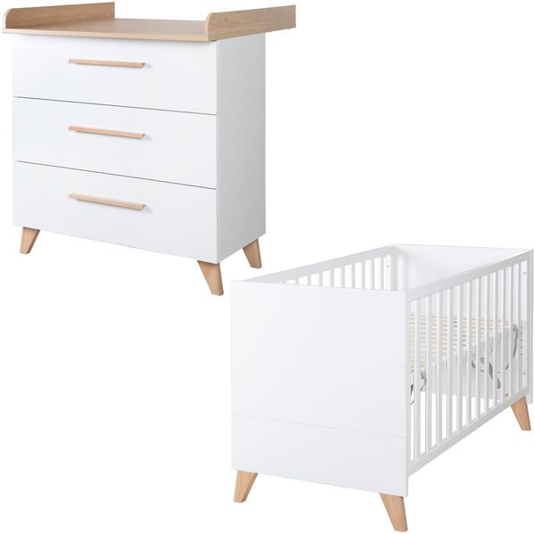 Roba Babymöbel Set 'Leon' 2-teilig - Baby- & Beistellbett 60x120 cm + Wickelkommode mit abnehmbarem Aufsatz - Kinderzimmer in Weiß/ Dekor Othello Eiche