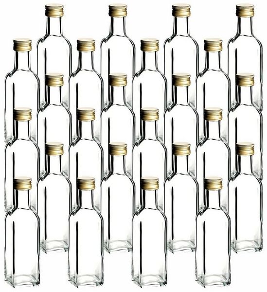 gouveo Trinkflasche Glasflaschen 100 ml Maraska mit Schraub-Deckel - Kleine Flasche 0,1l, 24er Set, transparent-goldfarben