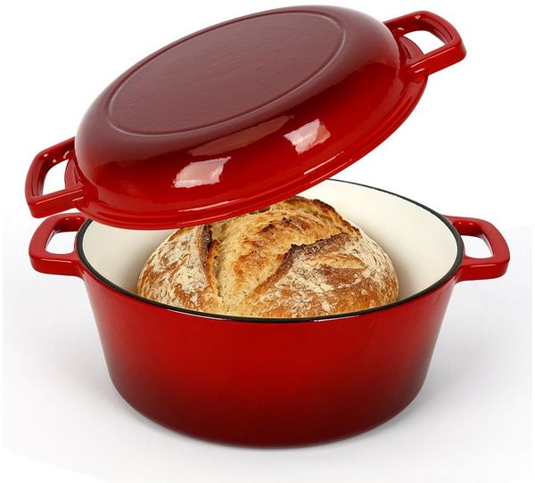 OSTWOLKE Schmortopf Emaillierter Gusseisen Topf 26cm Dutch Oven 2-in-1 Brotbacktopf, 2 in1 Bräter mit Deckel 4,8L & Gusspfanne 1,8L
