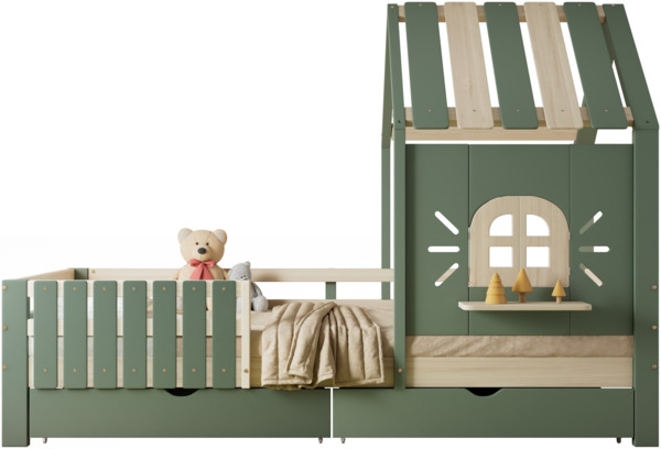 Merax Kinderbett, Hausbett 90x200cm mit Dach und Fenster, Mit Holzfensterbank, Vierseitiger Zaun, mit 2 Schubladen, Kiefer+MDF, Grün+Natur Bild 10