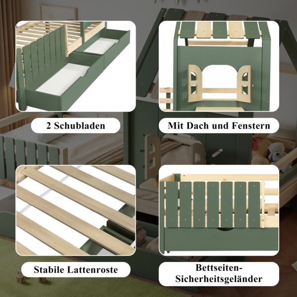 Merax Kinderbett, Hausbett 90x200cm mit Dach und Fenster, Mit Holzfensterbank, Vierseitiger Zaun, mit 2 Schubladen, Kiefer+MDF, Grün+Natur Bild 6