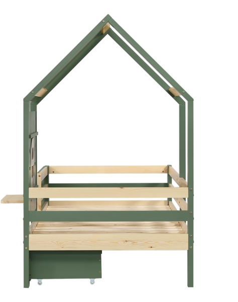 Merax Kinderbett, Hausbett 90x200cm mit Dach und Fenster, Mit Holzfensterbank, Vierseitiger Zaun, mit 2 Schubladen, Kiefer+MDF, Grün+Natur Bild 7