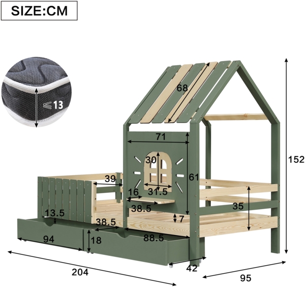 Merax Kinderbett, Hausbett 90x200cm mit Dach und Fenster, Mit Holzfensterbank, Vierseitiger Zaun, mit 2 Schubladen, Kiefer+MDF, Grün+Natur Bild 4