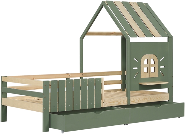 Merax Kinderbett, Hausbett 90x200cm mit Dach und Fenster, Mit Holzfensterbank, Vierseitiger Zaun, mit 2 Schubladen, Kiefer+MDF, Grün+Natur Bild 9