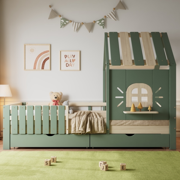 Merax Kinderbett, Hausbett 90x200cm mit Dach und Fenster, Mit Holzfensterbank, Vierseitiger Zaun, mit 2 Schubladen, Kiefer+MDF, Grün+Natur Bild 3
