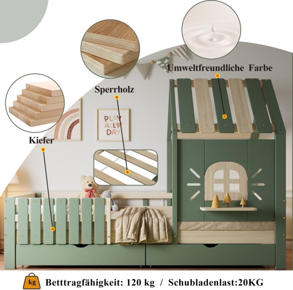 Merax Kinderbett, Hausbett 90x200cm mit Dach und Fenster, Mit Holzfensterbank, Vierseitiger Zaun, mit 2 Schubladen, Kiefer+MDF, Grün+Natur Bild 5
