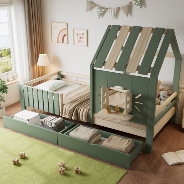 Merax Kinderbett, Hausbett 90x200cm mit Dach und Fenster, Mit Holzfensterbank, Vierseitiger Zaun, mit 2 Schubladen, Kiefer+MDF, Grün+Natur Bild 2