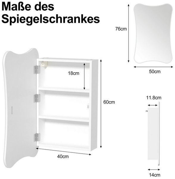 radelldar Badezimmerspiegelschrank Badschrank Hängeschrank mit gewölbtem Wandspiegel 76x50cm, Weiß (1-St) Geräumiger Innenraum, Einfache Montage