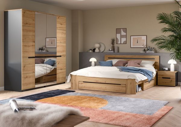 Home affaire Schlafzimmer-Set REHAT, 4-teilig, best. aus: Bett, Kleiderschrank & 2x Nachtkommode, (4-tlg, TOPSELLER!, für Matratzengröße 140x200 cm, viel Stauraum), Rehat, Schlafzimmerset, Bett 180x200 cm, Nachttisch, Kleiderschrank