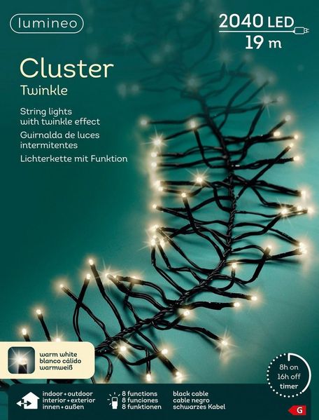 Lumineo LED-Lichterkette Lumineo Lichterkette CLUSTER TWINKLE 2040 LED 19 m warm weiß, schwarz, Indoor/Outdoor, 8 Effekte, 8h-Timer, + 5 Meter Zuleitung