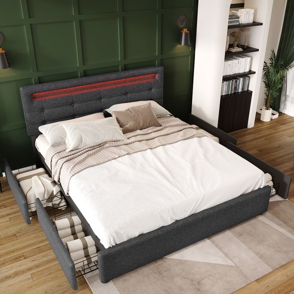 Polsterbett 140x200 cm mit Matratze, LED-Kopfteil, 4 Schubladen, Leinenstoff Grau
