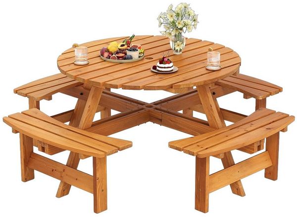 COSTWAY Bierzeltgarnitur, Picknicktisch mit Schirmloch & 4 Bänken, Tannenholz