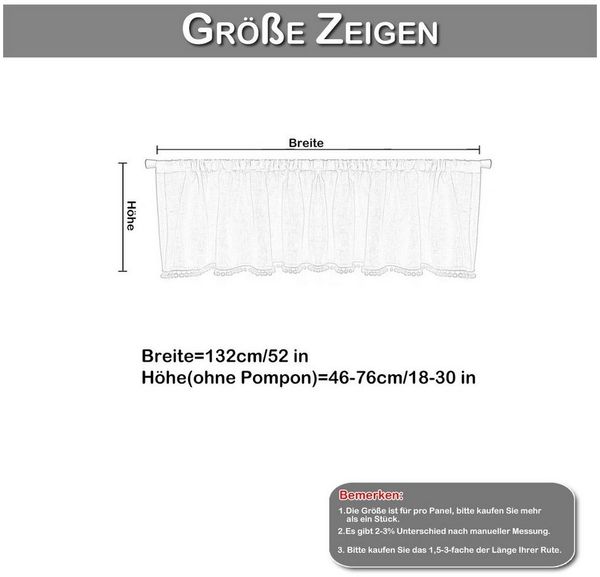 Sunicol Scheibengardine Kurze Fenster Gardinen Vorhänge, Quastenball, Freizeit (1 St), H×B:46×132,61×132,76×132