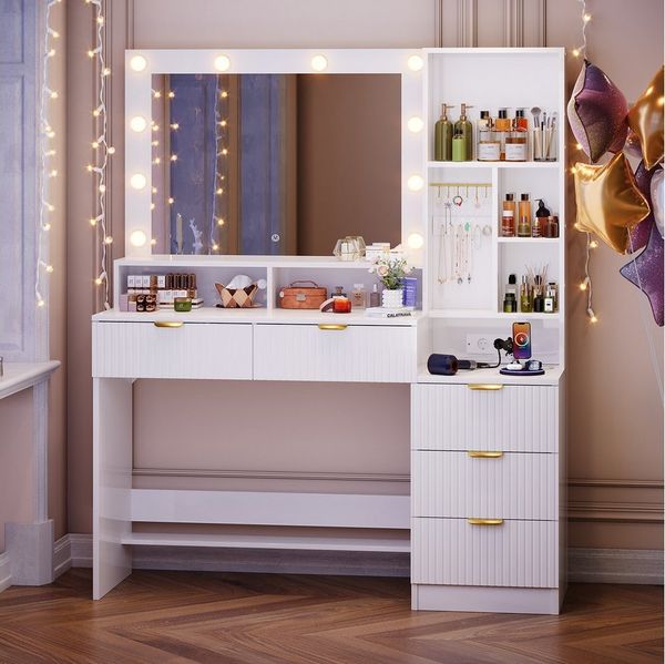 HOMALL Schminktisch Vertikale Streifen mit 5 Schubladen und 7 offenen Fächern (Ausgestattet mit 2 Euro-Steckdosen + 1 USB-Anschluss + 1 Typ-C-Anschluss ostern geschenke)