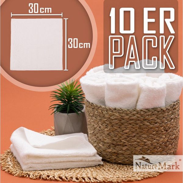 NatureMark 10er Pack Waschlappen | 100% Baumwolle | Frottier Seiflappen | Größe 30x30 cm | Frottee Seiftücher im 10er Pack Farbe: Weiß
