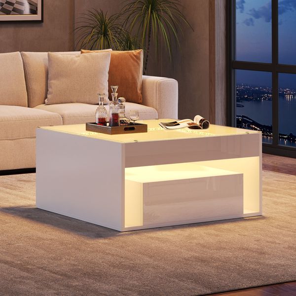 Couchtisch 70 x 70 x 35 cm mit 2 Schubladen, LED und Glasplatte, MDF in Weiß
