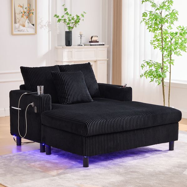 Relaxsessel 128 x 134 x 43 cm Schwarz aus Cord mit LED, USB-Anschluss und Getränkehalter
