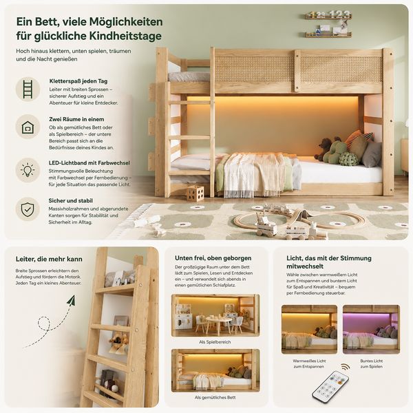 Merax Etagenbett, 90x200cm Kinderbett, Hochbett, Dreistufige Treppe, mit Ablage und LED-Lichtleiste, Umzäunung an allen Seiten, Kiefer+MDF+Kunstgeflecht, Natur+Weiß Bild 6