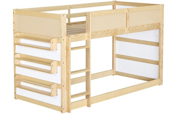 Merax Etagenbett, 90x200cm Kinderbett, Hochbett, Dreistufige Treppe, mit Ablage und LED-Lichtleiste, Umzäunung an allen Seiten, Kiefer+MDF+Kunstgeflecht, Natur+Weiß Bild 9