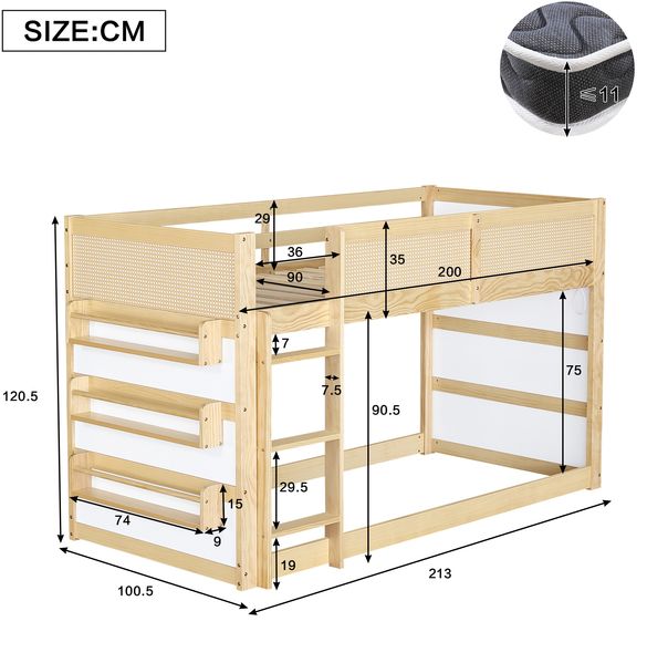 Merax Etagenbett, 90x200cm Kinderbett, Hochbett, Dreistufige Treppe, mit Ablage und LED-Lichtleiste, Umzäunung an allen Seiten, Kiefer+MDF+Kunstgeflecht, Natur+Weiß Bild 4