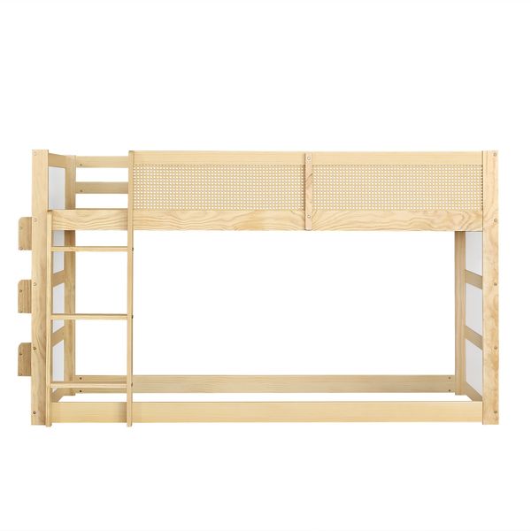 Merax Etagenbett, 90x200cm Kinderbett, Hochbett, Dreistufige Treppe, mit Ablage und LED-Lichtleiste, Umzäunung an allen Seiten, Kiefer+MDF+Kunstgeflecht, Natur+Weiß Bild 10