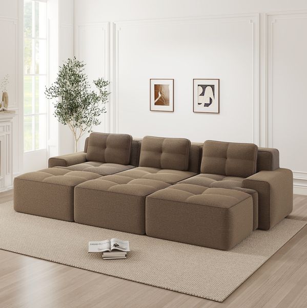 Modulares Ecksofa aus Cord mit Schlaffunktion & 3 Hockern, 293 x 177 x 69 cm, Braun