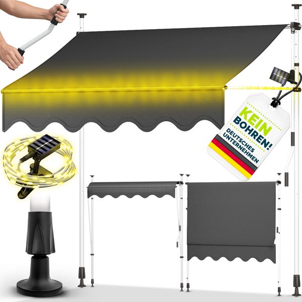 tillvex Klemmmarkise 150 cm Grau mit LED mit Handkurbel Balkon | Balkonmarkise ohne Bohren | Markise UV-beständig & höhenverstellbar | Sonnenschutz wasserdicht Bild 6