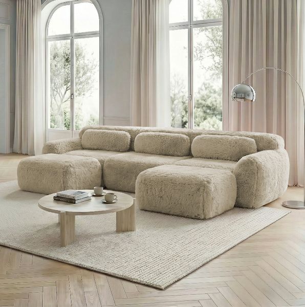 Modulares Sofa in U-Form 291×179×73 cm aus Plüsch in Hellkhaki – rahmenlos, rutschfeste Basis, ohne Montage