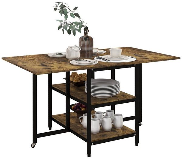 HOMCOM Klapptisch Küchentisch mit 2 Ablagen für 2-6 Personen (Wohnzimmertisch, 1-St, Esszimmertisch), Rustikal-Braun 140 x 80 x 75 cm